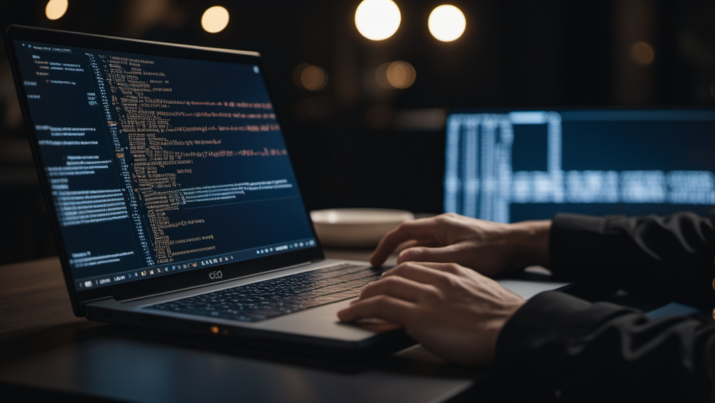 Person coding on a laptop with Go language logo, representing backend development