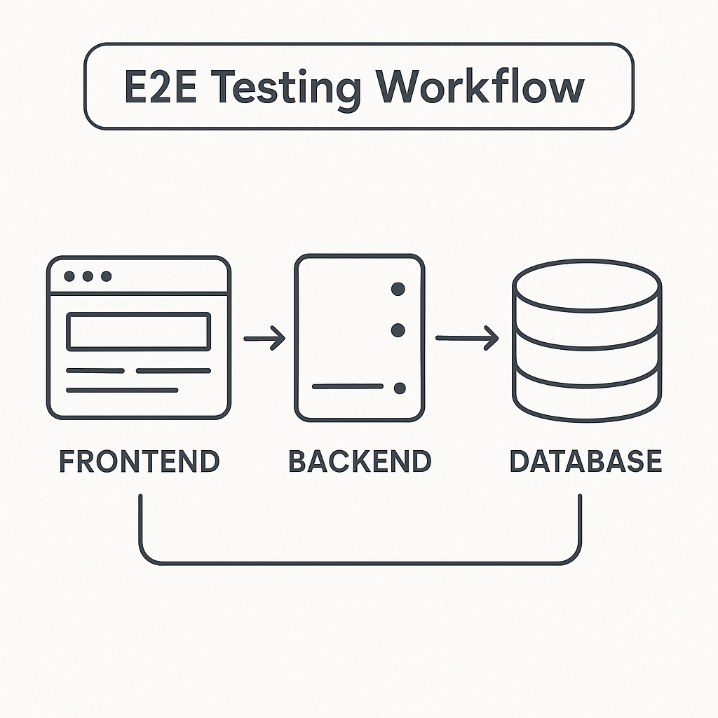 Illustration of end-to-end (E2E) testing workflow showing connected frontend, backend, and database systems for software quality assurance