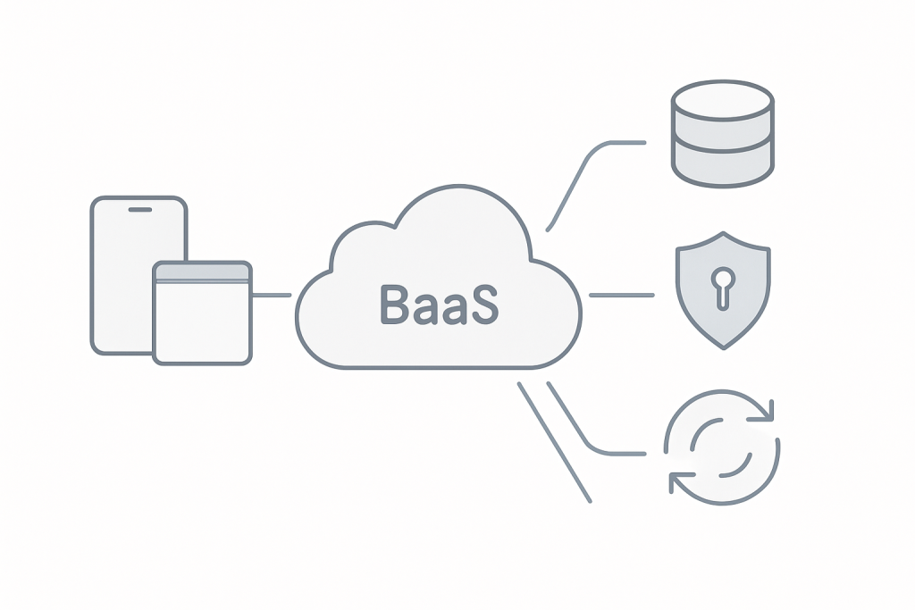 Diagram illustrating how BaaS connects an app’s frontend to cloud-managed backend services like databases, authentication, and real-time sync