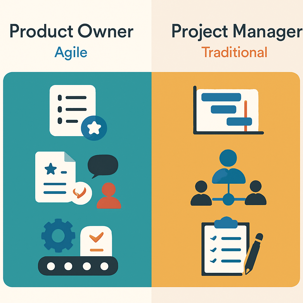 Infographic contrasting product owner and project manager responsibilities in Agile and traditional project environments