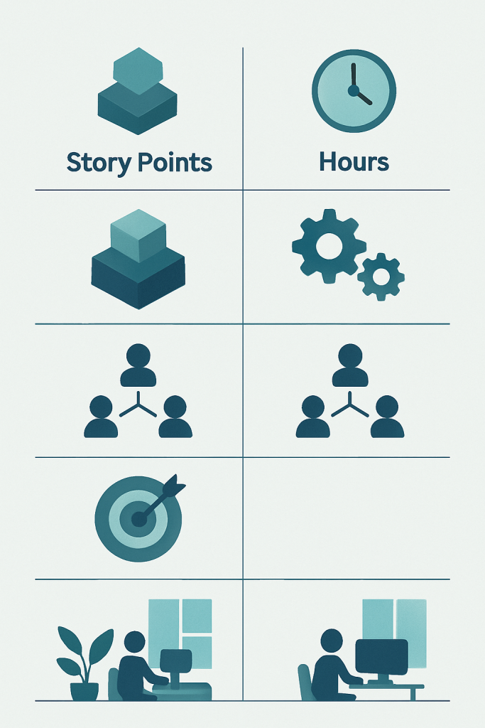 Table comparing story points and hours for Agile estimation, highlighting differences in complexity, team collaboration, and planning accuracy